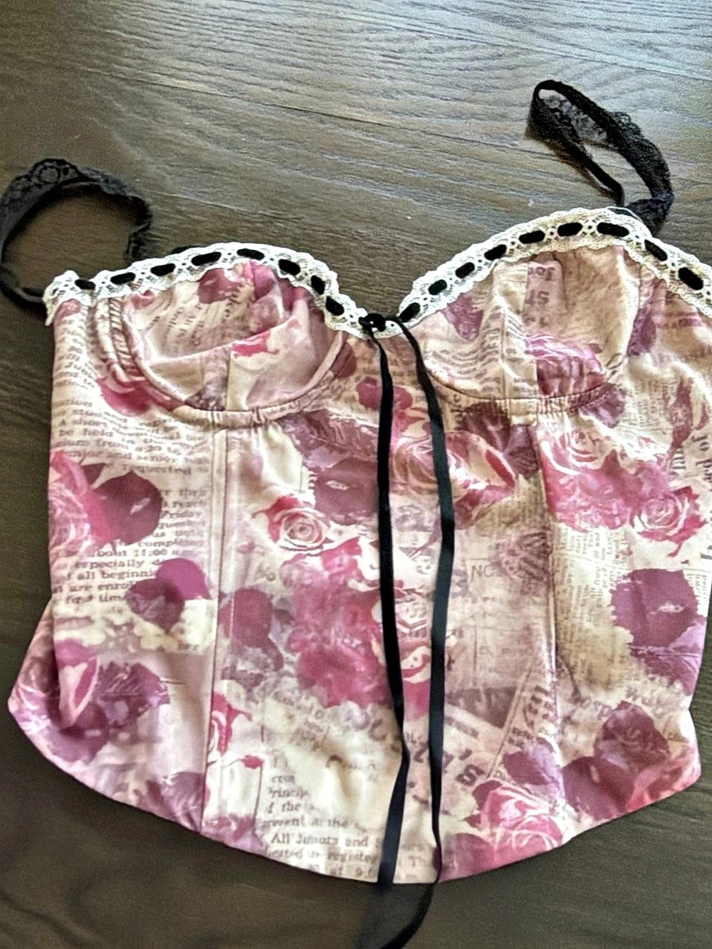 Gabby Kate Floral Lace Trim Camisole Pink & Cream Medium